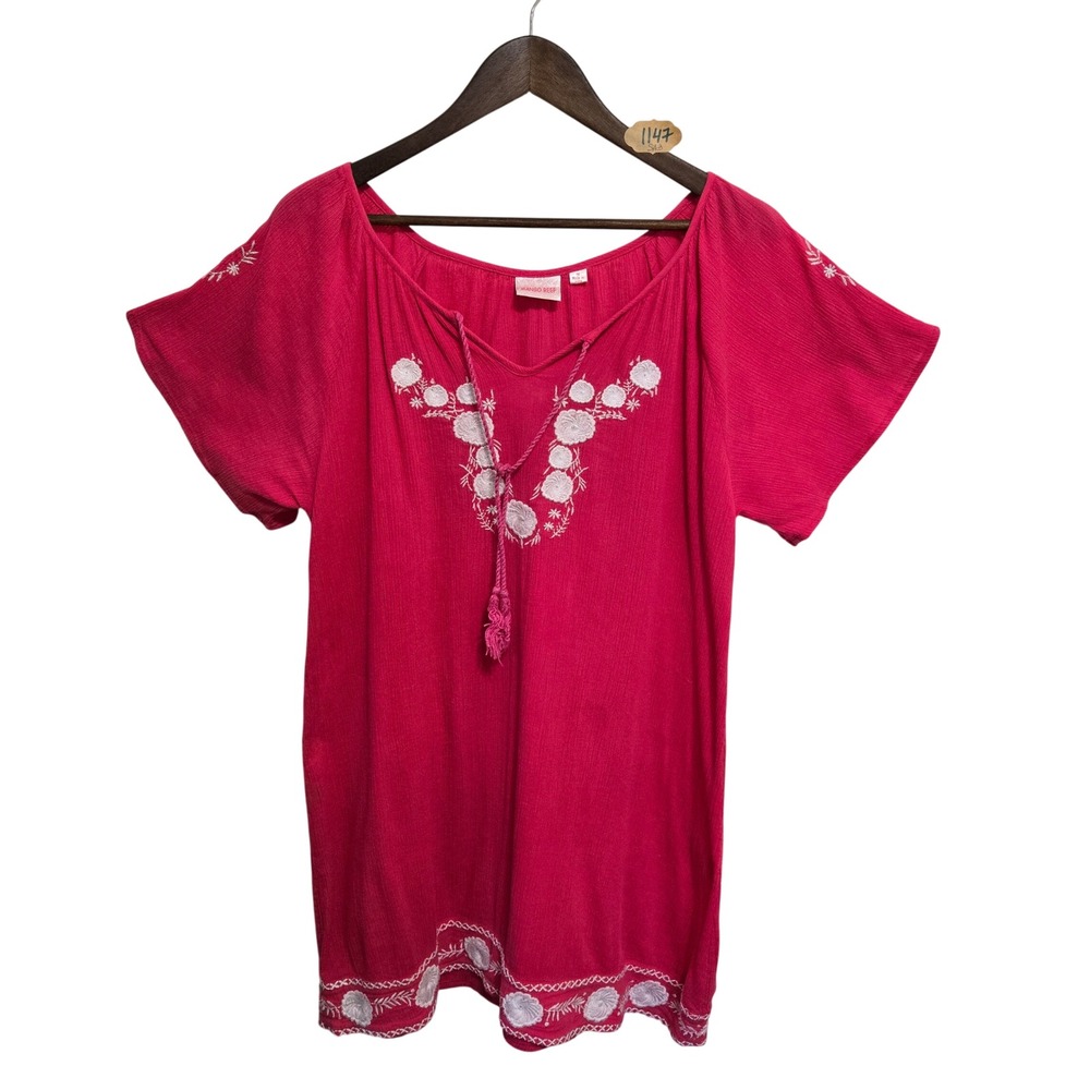 Mango Reef Womens 1X Pink Crinkle Gauze Embroidered Boho Tassel Tunic‎ Dress - Picture 2 of 5
